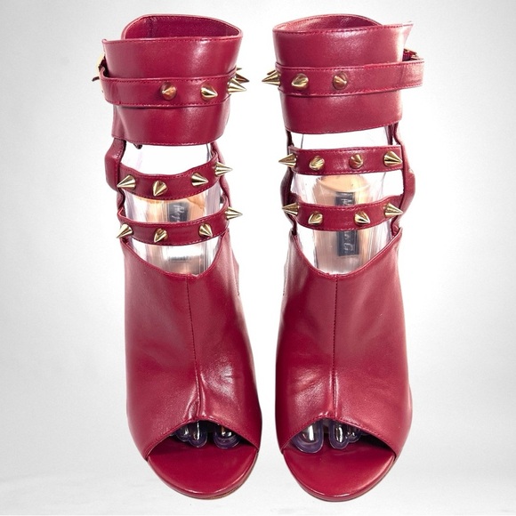 ALEJANDRA G Crimson Leather Studded Gladiator Stiletto Heels | Luxury Designer - Picture 4 of 11